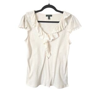 Lauren Ralph Lauren Womens L Cream Lace Trim Ruffle V-Neck Cotton Rib Knit Top